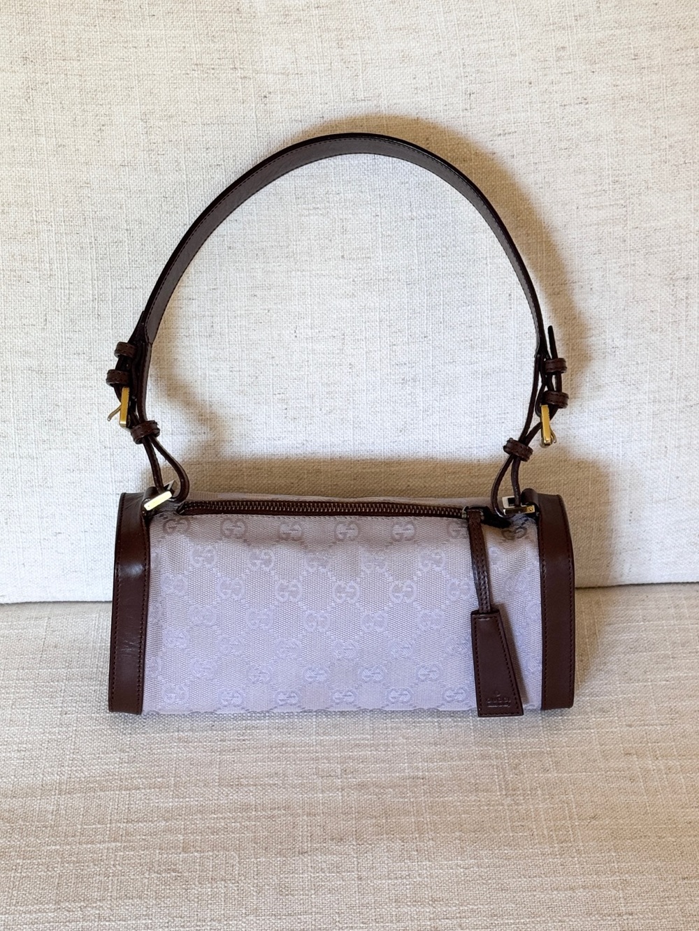 Gucci  Monogram GG lilac cloth and brown leather‎ trim Shoulder bag